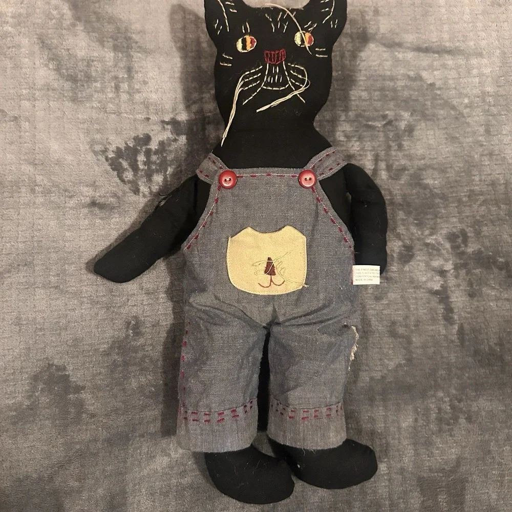 Pair of Y2K Folk Art Black Cat Cloth Dolls | Primitive Farmhouse Handmade Style